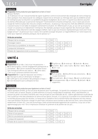 TEST Corrigés
297
Proposition (Cette production peut également se faire à l’oral.)
Bonjour Norbert,
Je m’adresse à toi car il est primordial de signer la pétition contre le licenciement des employés de notre entreprise.
Dans quelques mois, beaucoup de nos collègues risquent de se retrouver au chômage alors que le problème actuel
de l’entreprise peut se résumer à un problème de gestion budgétaire. Qu’en sera-t-il quand nous devrons assumer
les tâches effectuées par ce personnel manquant ? Contrairement à d’autres entreprises, nous n’avons pas encore
essayé de mettre en place des mesures simples et efficaces. Je pense qu’il faut que les chefs des différents services
s’assoient autour d’une table et analysent calmement la situation. En réfléchissant un peu, je suis sûr qu’on pourra
trouver un consensus et redynamiser l’entreprise. Par exemple, pourquoi ne pas organiser des réunions par vidéo-
conférence ? Cela réduirait le coût des voyages d’affaire. Sais-tu que ces missions représentent pas moins de 5 % du
budget annuel ? Je pense que nous n’avons rien à perdre à essayer de poser un regard différent sur notre travail et à
lutter pour repenser certaines pratiques. Qu’en penses-tu ?
Grille de correction
Respect de la consigne 0 0,5 1
Envisager l’avenir 0 0,5 1 1,5 2 2,5 3
Faire face à un problème, le résoudre 0 0,5 1 1,5 2 2,5 3
Lexique de l’entreprise 0 0,5 1 1,5 2
Emploi de l’opposition et de la concession 0 0,5 1
UNITÉ 6
Propositions 1. Le vide, c’est ce qui me passionne. –
2. Ce dont je parle, c’est de l’engagement politique de ce
journaliste. – 3. C’est en soutenant des artistes locaux
que l’entreprise affirme ses valeurs. – 4. L’âme sœur,
c’est ce qu’il aimerait vraiment rencontrer.
Propositions 1. Il s’agit de repousser ses limites. –
2. Il faut que tu aies un attrait pour le danger. –
3. Il suffit que tu sois amateur des pratiques à risque. –
4. Il est nécessaire que tu atteignes ton but.
1. grâce au – 2. de sorte qu’ – 3. faute de – 4. ainsi.
1. contre – 2. à – avec / sans – 3. chez – dans – 4. de –
5. en – sur.
1. Il se vante. – 2. Elle affirme ses convictions. – 3. Ça
n’a pas fonctionné.
1. un petit ami – 2. un risque – 3. avoir un attrait pour.
1. monoparentale – 2. un mécène – 3. déclaré – 4. de
supporters.
Proposition (Cette production peut également se faire à l’oral.)
Depuis quelques années, je me suis prise de passion pour le jardinage. J’ai grandi à la campagne et j’ai toujours aimé
le contact avec la nature. De plus, je prête attention à ce que je mange depuis longtemps. Ainsi, naturellement, la
passion du jardin s’accorde à merveille avec mes principes et mes habitudes de vie. J’adore spécialement la période de
mai à juillet qui rime avec plantations et semis en tout genre. Ensuite, il n’y a plus qu’à surveiller et à s’émerveiller de
la moindre pousse jusqu’aux récoltes. Le temps de la cueillette et de la transformation des légumes est très intense,
mais quel bonheur de pouvoir manger en plein hiver une bonne sauce tomate ou des haricots verts, sains et bios bien
évidemment. Et bien sûr, c’est très économique. Cette activité demande également de la patience, ce qui est un bon
apprentissage pour moi ! On a l’impression d’évoluer en jardinant et de profiter de l’air pur...
Grille de correction
Respect de la consigne 0 0,5 1
Parler d’une passion 0 0,5 1 1,5 2 2,5 3
Décrire une évolution personnelle 0 0,5 1 1,5 2 2,5 3
Lexique de la passion 0 0,5 1
Emploi de la cause et de la conséquence 0 0,5 1 1,5 2
Production
8
Grammaire
1
2
3
4
Lexique
5
6
7
Production
8
 