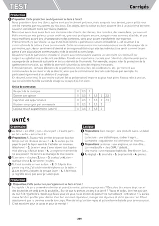 TEST Corrigés
299
Proposition (Cette production peut également se faire à l’oral.)
Nous possédons tous des objets, qui ne sont pas forcément précieux, mais auxquels nous tenons, parce qu’ils nous
ont été transmis par nos parents ou nos aïeux. Ces objets, dont la valeur est bien souvent liée à la seule force de notre
souvenir, constituent notre patrimoine matériel.
Mais nous avons tous aussi dans nos mémoires des chants, des danses, des remèdes, des savoir-faire, qui nous ont
été transmis par nos parents ou nos ancêtres, que nous pratiquons encore, auxquels nous sommes attachés, et que
nous modifions au gré des circonstances et des contextes, sans pour autant transformer leur essence.
Premièrement, ce patrimoine-là, que l’UNESCO nomme « patrimoine culturel immatériel », est essentiel à la
construction de la culture d’une communauté. Cette reconnaissance internationale montre bien le rôle majeur de ce
patrimoine, qui crée un sentiment d’identité et de responsabilité et qui aide les individus à se sentir comme faisant
partie d’une ou plusieurs communautés et de la société au sens large.
Deuxièmement, le patrimoine immatériel inspire aux communautés vivantes un sentiment de continuité par
rapport aux générations qui les ont précédées. Il revêt une importance cruciale pour l’identité culturelle ainsi que la
sauvegarde de la diversité culturelle et de la créativité de l’humanité. Par exemple, on peut citer la protection de la
gastronomie française, qui reflète la diversité culturelle au sein des régions françaises.
Et troisièmement, certains éléments de ce patrimoine, tels les rites, les célébrations, etc. permettent aux
communautés de se réunir et de se divertir, ainsi que de commémorer des faits spécifiques par exemple. Ils
participent également à la cohésion d’un groupe.
En résumé, selon moi, le patrimoine culturel (et sa préservation) importe au plus haut point. Il nous relie à un clan,
que ce soit notre famille ou bien le village ou le pays d’où l’on vient.
Grille de correction
Respect de la consigne 0 0,5 1
Donner son opinion 0 0,5 1 1,5 2 2,5
Exprimer une appartenance 0 0,5 1 1,5 2 2,5
Illustrer son propos par un exemple 0 0,5 1 1,5 2
Lexique relatif au patrimoine culturel 0 0,5 1 1,5 2
UNITÉ 9
au début – en effet – puis – d’une part – d’autre part –
en fait – enfin – autrement dit.
Propositions 1. Tu pourrais arrêter de passer tout ton
temps sur les réseaux sociaux ! – 2. Tu aurais pu me
payer ta part de loyer avant de t’acheter un nouveau
téléphone ! – 3. Je m’en veux d’avoir dormi tout l’après-
midi alors qu’il faisait beau. – 4. Je regrette vraiment de
ne pas pouvoir me rendre au mariage de ma cousine.
1. certains – d’autres 2. tous – 3. quelqu’un 4. rien –
quelque chose 5. personne – toutes.
1. Il voit sa mère arriver au loin. – 2. D’ / Après être
partie trop vite, j’ai oublié mon téléphone sur la table. –
3. Les enfants écoutent le groupe jouer. – 4. Il fait froid,
je regrette de ne pas avoir pris mon pull.
Propositions Bien manger : des produits sains, un label
bio...
La lecture : une bibliothèque, s’aérer l’esprit...
La marche : vagabonder, se confronter à l’inconnu...
Propositions Le stress : une angoisse, un mal-être...
La « malbouffe » : les OGM, l’obésité...
Une manie : une mauvaise habitude, être tête en l’air...
1. négligé – 2. entendre – 3. de proximité – 4. prenez.
Proposition (Cette production peut également se faire à l’oral.)
Incroyable ! Je pars un week-end entier et quand je rentre, qu’est-ce que je vois ? Des piles de cartons de pizzas et
des bouteilles de soda dans la poubelle... Est-ce que tu penses un peu à ta santé ? Pizzas et sodas, ce n’est pas sain
du tout ! Et regarde les cernes que tu as sous les yeux, tu as encore dû passer tes nuits devant l’ordinateur ! Tu aurais
mieux fait d’en profiter pour dormir d’un bon sommeil réparateur, manger des légumes et sortir prendre l’air. Il faut
absolument que tu prennes soin de ton corps. Rien de tel qu’un bon repas et qu’une bonne balade pour se ressourcer.
C’est excellent pour le corps et pour le mental !
Production
8
Grammaire
1
2
3
4
Lexique
5
6
7
Production
8
 
