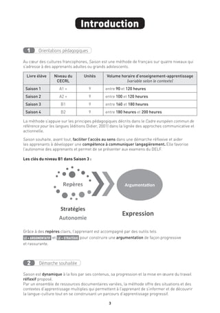 3
Grâce à des repères clairs, l’apprenant est accompagné par des outils tels
LE + ARGUMENTATIF et LE + STRATÉGIE pour construire une argumentation de façon progressive
et rassurante.
Démarche souhaitée2
Saison est dynamique à la fois par ses contenus, sa progression et la mise en œuvre du travail
réflexif proposé.
Par un ensemble de ressources documentaires variées, la méthode offre des situations et des
contextes d’apprentissage multiples qui permettent à l’apprenant de s’informer et de découvrir
la langue-culture tout en se construisant un parcours d’apprentissage progressif.
Introduction
Orientations pédagogiques1
Au cœur des cultures francophones, Saison est une méthode de français sur quatre niveaux qui
s’adresse à des apprenants adultes ou grands adolescents.
Livre élève Niveau du
CECRL
Unités Volume horaire d’enseignement-apprentissage
(variable selon le contexte)
Saison 1 A1 + 9 entre 90 et 120 heures
Saison 2 A2 + 9 entre 100 et 120 heures
Saison 3 B1 9 entre 160 et 180 heures
Saison 4 B2 9 entre 180 heures et 200 heures
La méthode s’appuie sur les principes pédagogiques décrits dans le Cadre européen commun de
référence pour les langues (éditions Didier, 2001) dans la lignée des approches communicative et
actionnelle.
Saison souhaite, avant tout, faciliter l’accès au sens dans une démarche réflexive et aider
les apprenants à développer une compétence à communiquer langagièrement. Elle favorise
l’autonomie des apprenants et permet de se présenter aux examens du DELF.
Les clés du niveau B1 dans Saison 3 :
 