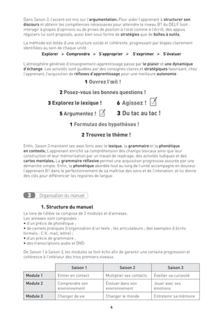 4
Enfin, Saison 3 maintient ses axes forts avec le lexique, la grammaire et la phonétique
en contexte. L’apprenant enrichit sa compréhension des champs lexicaux ainsi que leur
construction et leur mémorisation par un travail de repérage, des activités ludiques et des
cartes mentales. La grammaire réflexive permet une acquisition progressive assurée par une
démarche simple. Enfin, la phonétique abordée tout au long de l’unité accompagne en douceur
l’apprenant B1 dans le perfectionnement de sa maîtrise des sons et de l’intonation, et lui donne
des clés pour différencier les registres de langue.
Organisation du manuel3
1. Structure du manuel
Le livre de l’élève se compose de 3 modules et d’annexes.
Les annexes sont composées :
• d’un précis de phonétique ;
• de carnets pratiques (l’organisation d’un texte ; les articulateurs ; des exemples d’écrits
formels : C.V., mail, lettre) ;
• d’un précis de grammaire ;
• des transcriptions audio et DVD.
De Saison 1 à Saison 3, les modules se font écho afin de garantir une certaine progression et
cohérence à l’intérieur des trois premiers niveaux.
Saison 1 Saison 2 Saison 3
Module 1 Entrer en contact Multiplier ses contacts Éveiller sa curiosité
Module 2 Comprendre son
environnement
Évoluer dans son
environnement
Jouer avec ses
émotions
Module 3 Changer de vie Changer le monde Entretenir sa mémoire
Dans Saison 3, l’accent est mis sur l’argumentation. Pour aider l’apprenant à structurer son
discours et obtenir les compétences nécessaires pour atteindre le niveau B1 du DELF (soit :
interagir à propos d’opinions ou de prises de position à l’oral comme à l’écrit), des appuis
réguliers lui sont proposés, aussi bien sous forme de stratégies que de boîtes à outils.
La méthode est dotée d’une structure solide et cohérente, progressant par étapes clairement
identifiées au sein de chaque unité :
Explorer  Comprendre  S’approprier  S’exprimer  S’évaluer
L’atmosphère générale d’enseignement-apprentissage passe par le plaisir et une dynamique
d’échange. Les activités sont guidées par des consignes claires et stratégiques favorisant, chez
l’apprenant, l’acquisition de réflexes d’apprentissage pour une meilleure autonomie :
3	Explorez le lexique ! 6	 Agissez !  
5 Argumentez !   3	 Du tac au tac !
1	Formulez des hypothèses !
2	Trouvez le thème !
2	Posez-vous les bonnes questions !
1	Ouvrez l’œil !
 