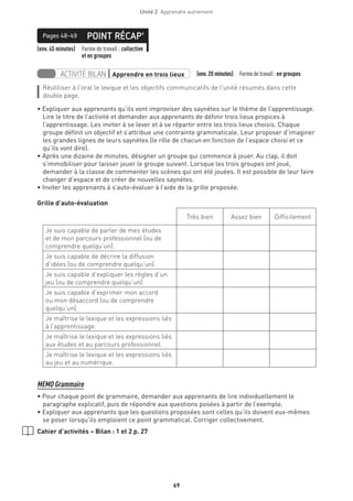 Unité 2  Apprendre autrement
69
(env. 45 minutes) Forme de travail : collective
et en groupes
POINT RÉCAP’Pages 48-49
ACTIVITÉ BILAN | Apprendre en trois lieux   (env.20 minutes)  Formedetravail :en groupes
Réutiliser à l’oral le lexique et les objectifs communicatifs de l’unité résumés dans cette
double page.
• Expliquer aux apprenants qu’ils vont improviser des saynètes sur le thème de l’apprentissage.
Lire le titre de l’activité et demander aux apprenants de définir trois lieux propices à
l’apprentissage. Les inviter à se lever et à se répartir entre les trois lieux choisis. Chaque
groupe définit un objectif et s’attribue une contrainte grammaticale. Leur proposer d’imaginer
les grandes lignes de leurs saynètes (le rôle de chacun en fonction de l’espace choisi et ce
qu’ils vont dire).
• Après une dizaine de minutes, désigner un groupe qui commence à jouer. Au clap, il doit
s’immobiliser pour laisser jouer le groupe suivant. Lorsque les trois groupes ont joué,
demander à la classe de commenter les scènes qui ont été jouées. Il est possible de leur faire
changer d’espace et de créer de nouvelles saynètes.
• Inviter les apprenants à s’auto-évaluer à l’aide de la grille proposée.
Grille d’auto-évaluation
Très bien Assez bien Difficilement
Je suis capable de parler de mes études
et de mon parcours professionnel (ou de
comprendre quelqu’un).
Je suis capable de décrire la diffusion
d’idées (ou de comprendre quelqu’un).
Je suis capable d’expliquer les règles d’un
jeu (ou de comprendre quelqu’un).
Je suis capable d’exprimer mon accord
ou mon désaccord (ou de comprendre
quelqu’un).
Je maîtrise le lexique et les expressions liés
à l’apprentissage.
Je maîtrise le lexique et les expressions liés
aux études et au parcours professionnel.
Je maîtrise le lexique et les expressions liés
au jeu et au numérique.
MEMO Grammaire
• Pour chaque point de grammaire, demander aux apprenants de lire individuellement le
paragraphe explicatif, puis de répondre aux questions posées à partir de l’exemple.
• Expliquer aux apprenants que les questions proposées sont celles qu’ils doivent eux-mêmes
se poser lorsqu’ils emploient ce point grammatical. Corriger collectivement.
Cahier d’activités – Bilan : 1 et 2 p. 27
 