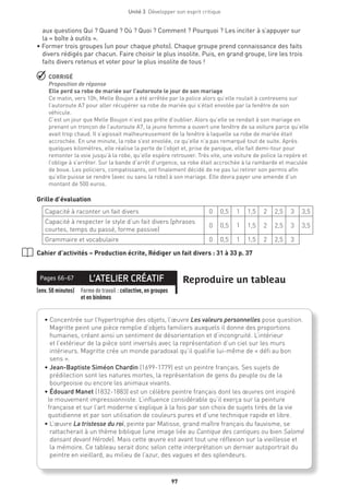 Unité 3  Développer son esprit critique
97
aux questions Qui ? Quand ? Où ? Quoi ? Comment ? Pourquoi ? Les inciter à s’appuyer sur
la « boîte à outils ».
• Former trois groupes (un pour chaque photo). Chaque groupe prend connaissance des faits
divers rédigés par chacun. Faire choisir le plus insolite. Puis, en grand groupe, lire les trois
faits divers retenus et voter pour le plus insolite de tous !
 CORRIGÉ
Proposition de réponse
Elle perd sa robe de mariée sur l’autoroute le jour de son mariage
Ce matin, vers 10h, Melle Boujon a été arrêtée par la police alors qu’elle roulait à contresens sur
l’autoroute A7 pour aller récupérer sa robe de mariée qui s’était envolée par la fenêtre de son
véhicule.
C’est un jour que Melle Boujon n’est pas prête d’oublier. Alors qu’elle se rendait à son mariage en
prenant un tronçon de l’autoroute A7, la jeune femme a ouvert une fenêtre de sa voiture parce qu’elle
avait trop chaud. Il s’agissait malheureusement de la fenêtre à laquelle sa robe de mariée était
accrochée. En une minute, la robe s’est envolée, ce qu’elle n’a pas remarqué tout de suite. Après
quelques kilomètres, elle réalise la perte de l’objet et, prise de panique, elle fait demi-tour pour
remonter la voie jusqu’à la robe, qu’elle espère retrouver. Très vite, une voiture de police la repère et
l’oblige à s’arrêter. Sur la bande d’arrêt d’urgence, sa robe était accrochée à la rambarde et maculée
de boue. Les policiers, compatissants, ont finalement décidé de ne pas lui retirer son permis afin
qu’elle puisse se rendre (avec ou sans la robe) à son mariage. Elle devra payer une amende d’un
montant de 500 euros.
Grille d’évaluation
Capacité à raconter un fait divers 0 0,5 1 1,5 2 2,5 3 3,5
Capacité à respecter le style d’un fait divers (phrases
courtes, temps du passé, forme passive)
0 0,5 1 1,5 2 2,5 3 3,5
Grammaire et vocabulaire 0 0,5 1 1,5 2 2,5 3
Cahier d’activités – Production écrite, Rédiger un fait divers : 31 à 33 p. 37
L’ATELIER CRÉATIFPages 66-67 Reproduire un tableau
(env. 50 minutes) Forme de travail : collective, en groupes
et en binômes
• Concentrée sur l’hypertrophie des objets, l’œuvre Les valeurs personnelles pose question.
Magritte peint une pièce remplie d’objets familiers auxquels il donne des proportions
humaines, créant ainsi un sentiment de désorientation et d’incongruité. L’intérieur
et l’extérieur de la pièce sont inversés avec la représentation d’un ciel sur les murs
intérieurs. Magritte crée un monde paradoxal qu’il qualifie lui-même de « défi au bon
sens ».
• Jean-Baptiste Siméon Chardin (1699-1779) est un peintre français. Ses sujets de
prédilection sont les natures mortes, la représentation de gens du peuple ou de la
bourgeoisie ou encore les animaux vivants.
• Édouard Manet (1832-1883) est un célèbre peintre français dont les œuvres ont inspiré
le mouvement impressionniste. L’influence considérable qu’il exerça sur la peinture
française et sur l’art moderne s’explique à la fois par son choix de sujets tirés de la vie
quotidienne et par son utilisation de couleurs pures et d’une technique rapide et libre.
• L’œuvre La tristesse du roi, peinte par Matisse, grand maître français du fauvisme, se
rattacherait à un thème biblique (une image liée au Cantique des cantiques ou bien Salomé
dansant devant Hérode). Mais cette œuvre est avant tout une réflexion sur la vieillesse et
la mémoire. Ce tableau serait donc selon cette interprétation un dernier autoportrait du
peintre en vieillard, au milieu de l’azur, des vagues et des splendeurs.
 