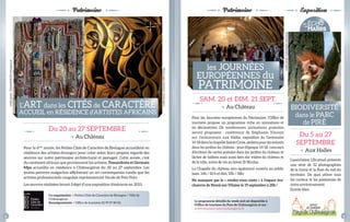 Patrimoine Patrimoine 
Pour la 6ème année, les Petites Cités de Caractère de Bretagne accueillent en 
résidence des artistes étrangers pour créer selon leurs propres regards des 
oeuvres sur notre patrimoine architectural et paysager. Cette année, c’est 
du continent africain que proviennent les artistes, temandrota et Germain 
mpo accueillis en résidence à Châteaugiron du 20 au 27 septembre. Les 
jeunes peintres malgaches affi cheront un art contemporain tandis que les 
artistes professionnels congolais représenteront l’école de Poto Poto. 
Les oeuvres réalisées feront l‘objet d’une exposition itinérante en 2015. 
Pour les Journées européennes du Patrimoine, l’Offi ce de 
tourisme propose un programme riche en animations et 
en découvertes. De nombreuses animations gratuites 
seront proposées : conférence de stéphanie Vincent 
sur l’enluminure aux Halles, exposition du Centenaire 
14-18 dans la chapelle sainte Croix, ateliers pour les enfants 
dans les jardins du château : jeux d’époque 14-18, concours 
d’écriture de cartes postales dans les jardins du château et 
lâcher de ballons mais aussi bien sûr visites du château et 
de la ville, scène de vie au lavoir st Nicolas. 
La Chapelle du château sera également ouverte au public 
(sam. 14h / 18 h et dim. 10h / 18h) 
ne manquez pas le « rendez-vous conte » à l’espace éco-chanvre 
de noyal-sur-vilaine le 19 septembre à 20h ! 
L’ART dans les CITés de CARACTèRE 
ACCUEIL en RésIDENCE d’ARTIsTEs AFRICAINs 
les JOURNéEs 
EUROPéENNEs du 
PATRIMOINE 
Du 20 au 27 sEPTEMBRE 
> Au Château 
sAM. 20 et DIM. 21 sEPT. 
> Au Château 
Co-organisation > Petites Cités de Caractère de Bretagne / Ville de 
Châteaugiron 
renseignements > Offi ce de tourisme 02 99 37 89 02 
BIODIVERsITé 
dans le PARC 
de PIRé 
Du 5 au 27 
sEPTEMBRE 
> Aux Halles 
L’association L’Ecureuil présente 
une série de 32 photographies 
de la faune et la fl ore du sud du 
territoire. De quoi attirer tous 
les curieux et les passionnés de 
notre environnement. 
Entrée libre. 
le programme détaillé du week-end est disponible à 
l’Offi ce de tourisme du pays de Châteaugiron et sur : 
www.tourisme-payschateaugiron.fr 
crédit photo : TEMANDROTA-Madagascar 
crédit photo : Germain MPO-Congo 
expositionExposition 
crédit photo : Association L’écureuil 
4 5 
 
