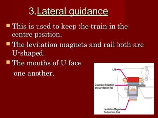3.3.Lateral guidanceLateral guidance
 This is used to keep the train in theThis is used to keep the train in the
centre position.centre position.
 The levitation magnets and rail both areThe levitation magnets and rail both are
U-shaped.U-shaped.
 The mouths of U faceThe mouths of U face
one another.one another.
 