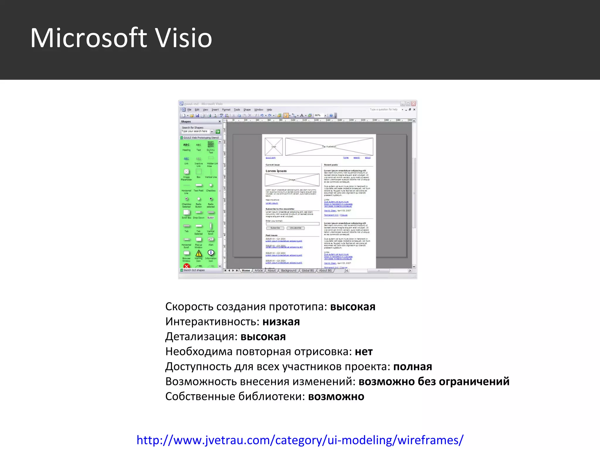 Среда http://www.jvetrau.com/category/ui-modeling/wireframes/ Скорость создания прототипа:  высокая Интерактивность:  низкая Детализация:  высокая Необходима повторная отрисовка:  нет Доступность для всех участников проекта:  полная Возможность внесения изменений:  возможно без ограничений Собственные библиотеки:  возможно  Microsoft Visio 