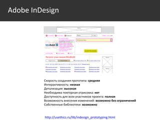 Среда http://usethics.ru/lib/indesign_prototyping.html Скорость создания прототипа:  средняя Интерактивность:  низкая Дета...