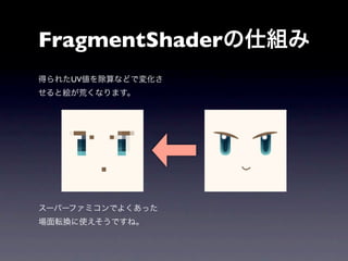 FragmentShaderの仕組み
得られたUV値を除算などで変化さ
せると絵が荒くなります。




スーパーファミコンでよくあった
場面転換に使えそうですね。
 