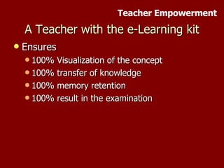 A Teacher with the e-Learning kit Ensures 100% Visualization of the concept 100% transfer of knowledge 100% memory retention 100% result in the examination Teacher Empowerment 