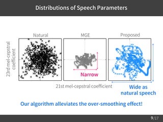 /179
Distributions of Speech Parameters
Our algorithm alleviates the over-smoothing effect!
21st mel-cepstral coefficient
23rdmel-cepstral
coefficient
Natural MGE Proposed
Narrow
Wide as
natural speech
 