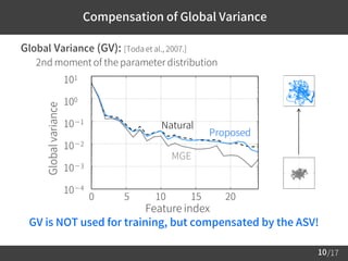 /17
 Global Variance (GV): [Toda et al., 2007.]
– 2nd moment of the parameter distribution
10
Compensation of Global Variance
Feature index
0 5 10 15 20
10－3
10－1
101
Globalvariance
Proposed
Natural
MGE
10－2
100
10－4
GV is NOT used for training, but compensated by the ASV!
 