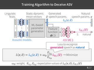 /17
Training Algorithm to Deceive ASV
6
𝐿 𝒄, ො𝒄 = 𝐿G 𝒄, ො𝒄 + 𝜔D
𝐸 𝐿G
𝐸 𝐿D
𝐿D,1 ො𝒄 → Minimize
𝐿G 𝒄, ො𝒄
Linguistic
feats.
Natural
speech params. 𝒄
ML-based
parameter
generation
Generated
speech params.ො𝒄
Acoustic models
⋯
⋯
⋯
𝐿D,1 ො𝒄
1: natural
Feature
function
𝝓 ⋅
ASV 𝐷 ⋅
Loss to recognize
generated speech as natural
𝜔D: weight, 𝐸𝐿G
, 𝐸𝐿D
: expectation values of 𝐿G 𝒄, ො𝒄 , 𝐿D,1 ො𝒄
Static-dynamic
mean vectors
 