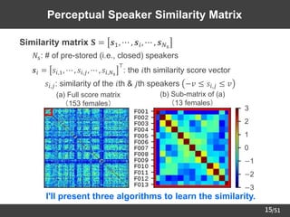/51
15
Perceptual Speaker Similarity Matrix
➢ Similarity matrix 𝐒 = 𝒔1, ⋯ , 𝒔𝑖, ⋯ , 𝒔𝑁s
– 𝑁s: # of pre-stored (i.e., closed) speakers
– 𝒔𝑖 = 𝑠𝑖,1, ⋯ , 𝑠𝑖,𝑗, ⋯ , 𝑠𝑖,𝑁s
⊤
: the 𝑖th similarity score vector
• 𝑠𝑖,𝑗: similarity of the 𝑖th & 𝑗th speakers −𝑣 ≤ 𝑠𝑖,𝑗 ≤ 𝑣
3
2
1
0
−1
−2
−3
(a) Full score matrix
（153 females）
(b) Sub-matrix of (a)
（13 females）
I'll present three algorithms to learn the similarity.
 