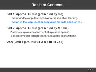 /51
30
Table of Contents
➢ Part 1: approx. 45 min (presented by me)
– Human-in-the-loop deep speaker representation learning
– Human-in-the-loop speaker adaptation for multi-speaker TTS
➢ Part 2: approx. 45 min (presented by Mr. Xin)
– Automatic quality assessment of synthetic speech
– Speech emotion recognition for nonverbal vocalizations
➢ Q&A (until 4 p.m. in SGT & 5 p.m. in JST)
 