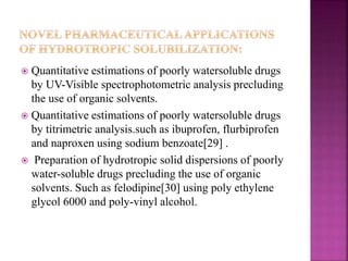  Quantitative estimations of poorly watersoluble drugs 
by UV-Visible spectrophotometric analysis precluding 
the use of organic solvents. 
 Quantitative estimations of poorly watersoluble drugs 
by titrimetric analysis.such as ibuprofen, flurbiprofen 
and naproxen using sodium benzoate[29] . 
 Preparation of hydrotropic solid dispersions of poorly 
water-soluble drugs precluding the use of organic 
solvents. Such as felodipine[30] using poly ethylene 
glycol 6000 and poly-vinyl alcohol. 
 