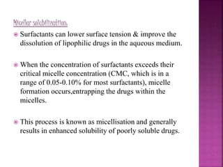 Micellar solubilizatiion: 
 Surfactants can lower surface tension & improve the 
dissolution of lipophilic drugs in the aqueous medium. 
 When the concentration of surfactants exceeds their 
critical micelle concentration (CMC, which is in a 
range of 0.05-0.10% for most surfactants), micelle 
formation occurs,entrapping the drugs within the 
micelles. 
 This process is known as micellisation and generally 
results in enhanced solubility of poorly soluble drugs. 
 
