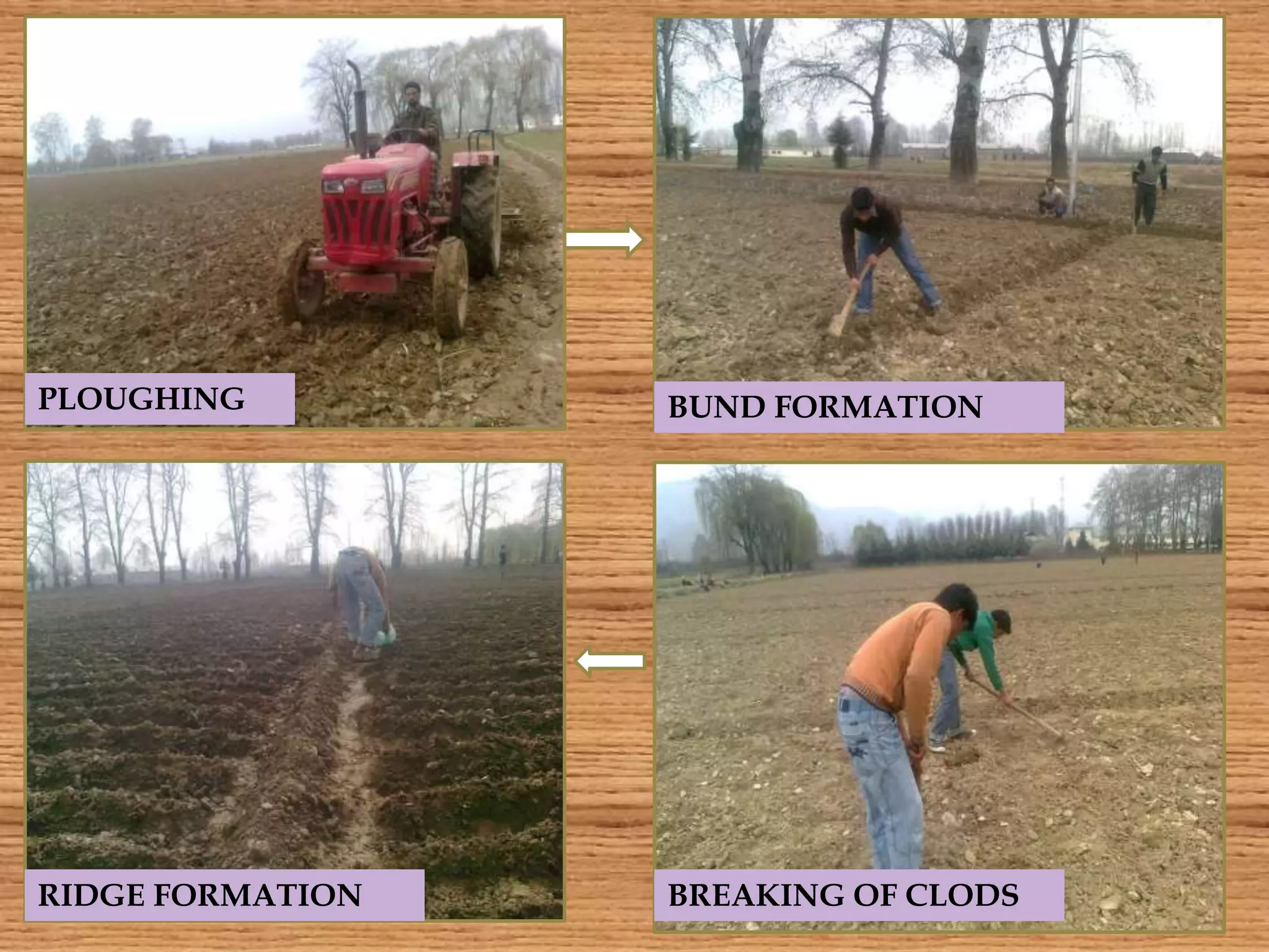 PLOUGHING BUND FORMATION
RIDGE FORMATION BREAKING OF CLODS
 