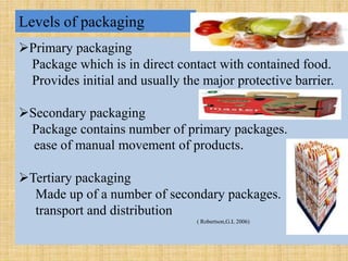 Levels of packaging
Primary packaging
Package which is in direct contact with contained food.
Provides initial and usually the major protective barrier.
Secondary packaging
Package contains number of primary packages.
ease of manual movement of products.
Tertiary packaging
Made up of a number of secondary packages.
transport and distribution
( Robertson,G.L 2006)
 