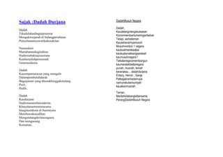 Sajak :Dadah Durjana                    DadahMusuh Negara

                                        Dadah,
Dadah
                                        Kaudatangmengakukawan
Tikadulukaubagaipenawar
                                        Kononmembantumeringanbeban
Mengukirsejarah di bidangperubatan
                                        Tetapi, wahaiteman
Penyelamatnyawatikakesakitan
                                        Kausebenarnyamusuh
                                        Musuhnombor 1 negara
Namunkini
                                        kaubuatmerekaalpa
Martabatmubegituhina
                                        kaubuatanakbangsarebah
Hadirmubaknajissemata
                                        kaumusuhnegara !
Kauhanyalahpemusnah
                                        Tatkalanegaramembangun
Generasidunia
                                        kaumeratahbelianegara
                                        punah, musnah, lemah
Dadah                                   keranakau... dadahdurjana
Kauumpamaracun yang mengalir            Ectacy, Heroin , Ganja
Dalampembuluhdarah                      Pelbagainamadanrupa
Bagaijarum yang ditusukhinggaketulang   namunakubersumpah
Perit..                                 kauakanmusnah
Pedih..
                                        Teman,
Dadah                                   Marilahkitabangkitbersama
Kaudurjana                              PerangiDadahMusuh Negara
Hadirmumembawaderita
Khayalansementaracuma
Imaginasidusta di buminyata
Membawakesedihan
Mengundangderitasengsara
Dan mengusung
Kematian..
 