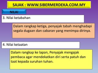SAJAK : WWW.SIBERMERDEKA.COM.MY
NILAI
3. Nilai ketabahan
Dalam rangkap ketiga, penyajak tabah menghadapi
segala dugaan dan cabaran yang menimpa dirinya.
4. Nilai ketaatan
Dalam rangkap ke lapan, Penyajak mengajak
pembaca agar mendekatkan diri serta patuh dan
taat kepada suruhan tuhan.
 