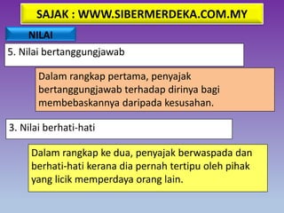 SAJAK : WWW.SIBERMERDEKA.COM.MY
NILAI
5. Nilai bertanggungjawab
Dalam rangkap pertama, penyajak
bertanggungjawab terhadap dirinya bagi
membebaskannya daripada kesusahan.
3. Nilai berhati-hati
Dalam rangkap ke dua, penyajak berwaspada dan
berhati-hati kerana dia pernah tertipu oleh pihak
yang licik memperdaya orang lain.
 