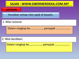 SAJAK : WWW.SIBERMERDEKA.COM.MY
LATIHAN
1. Nilai rasional
Dalam rangkap ke………………, penyajak ………...........
2. Nilai berdikari.
Dalam rangkap ke………………, penyajak …………………
Huraikan setiap nilai sajak di bawah.
 