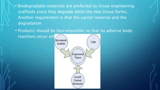 • Biodegradable materials are preferred as tissue engineering
scaffolds since they degrade while the new tissue forms.
Another requirement is that the carrier material and the
degradation
• Products should be biocompatible so that no adverse body
reactions occur when the material degrade
 