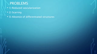 PROBLEMS
• 1) Reduced vascularization
• 2) Scarring
• 3) Absence of differentiated structures
 