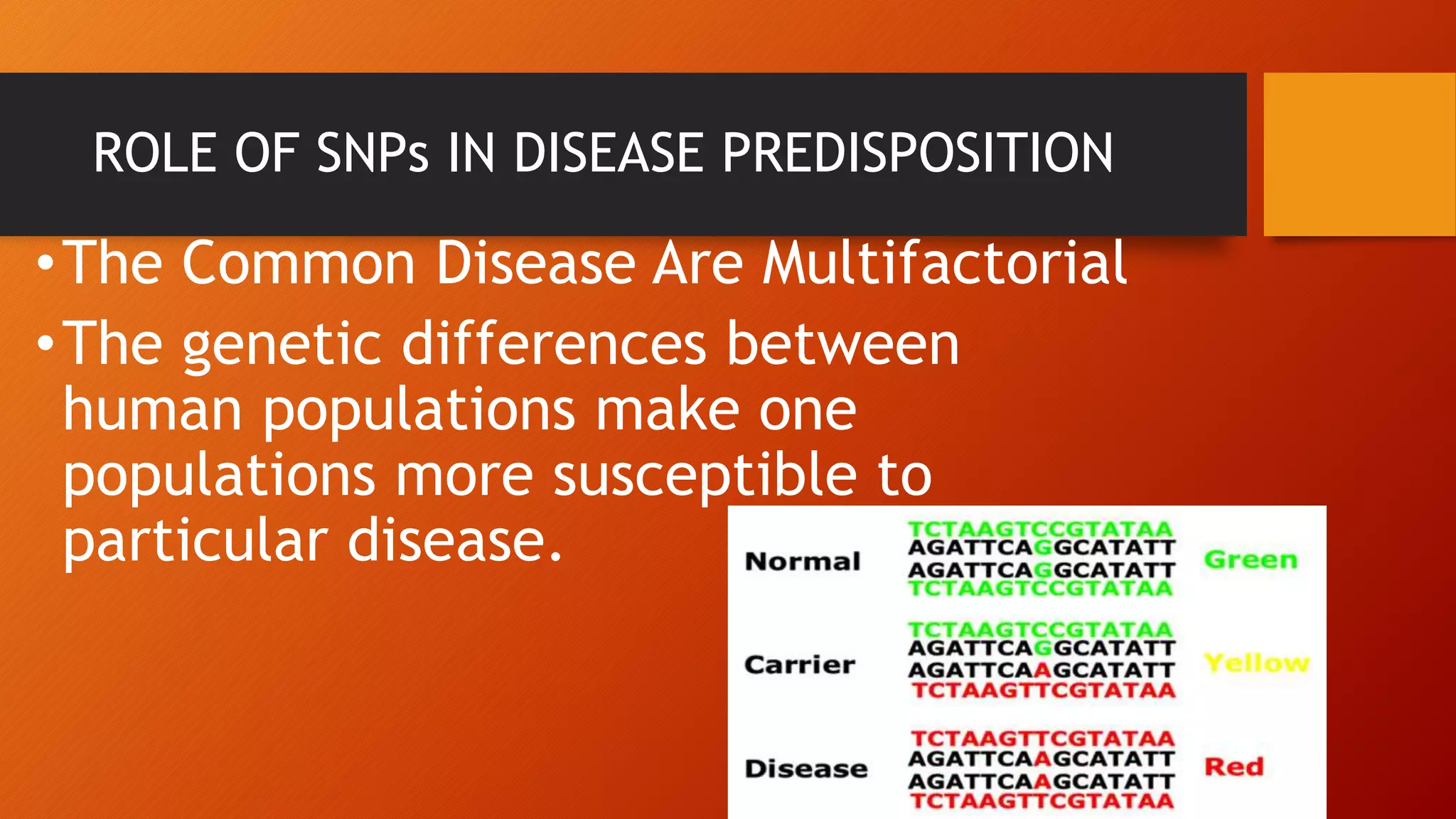 ROLE OF SNPs IN DISEASE PREDISPOSITION
•The Common Disease Are Multifactorial
•The genetic differences between
human populations make one
populations more susceptible to
particular disease.
 