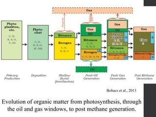 Evolution of organic matter from photosynthesis, through
the oil and gas windows, to post methane generation.
Bohacs et al., 2013
 
