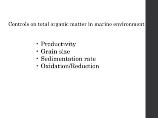 Controls on total organic matter in marine environment
• Productivity
• Grain size
• Sedimentation rate
• Oxidation/Reduction
 