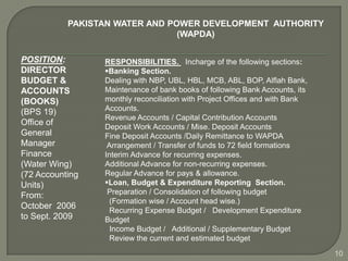 PAKISTAN WATER AND POWER DEVELOPMENT AUTHORITY
                                (WAPDA)

POSITION:        RESPONSIBILITIES. Incharge of the following sections:
DIRECTOR         Banking Section.
BUDGET &         Dealing with NBP, UBL, HBL, MCB, ABL, BOP, Alflah Bank,
ACCOUNTS         Maintenance of bank books of following Bank Accounts, its
(BOOKS)          monthly reconciliation with Project Offices and with Bank
(BPS 19)         Accounts.
                 Revenue Accounts / Capital Contribution Accounts
Office of        Deposit Work Accounts / Mise. Deposit Accounts
General          Fine Deposit Accounts /Daily Remittance to WAPDA
Manager           Arrangement / Transfer of funds to 72 field formations
Finance          Interim Advance for recurring expenses.
(Water Wing)     Additional Advance for non-recurring expenses.
(72 Accounting   Regular Advance for pays & allowance.
Units)           Loan, Budget & Expenditure Reporting Section.
From:             Preparation / Consolidation of following budget
                   (Formation wise / Account head wise.)
October 2006       Recurring Expense Budget / Development Expenditure
to Sept. 2009    Budget
                   Income Budget / Additional / Supplementary Budget
                   Review the current and estimated budget
                                                                             10
 