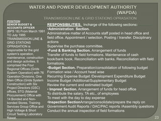 POSITION:
SENIOR BUDGET &           RESPONSIBILITIES. Incharge of the following sections:
ACCOUNTS OFFICER
                          •Administration Section.
(BPS 18) From March 1991
TO July 1995
                          Administrative matter of Accounts staff posted in head office and
TRAINSMISSION LINE &      field office. Appointment / selection. Posting / transfer. Disciplinary
GRID STATIONS             actions
OPRASATION is             Supervise the purchase committee.
responsible for the grid  •Fund & Banking Section. Arrangement of funds
system’s operation,       Transfer of funds to field formations. Maintenance of cash
maintenance, construction book/bank book. Reconciliation with banks. Reconciliation with field
and design activities. It
comprised the Four
                          formations.
Regional Offices (Grids   •Budget Section. Preparation/consolidation of following budget
System Operation) with 76 Formation wise / Account head wise
Operation Divisions, One  Recurring Expense Budget /Development Expenditure Budget
Main Office (Grids System Income Budget /Additional/Supplementary Budget
Construction) with Six    Review the current and estimated budget
Project Directors (GSC)   • Imprest Section. Arrangement of funds for head office
offices, STG (Material
Procurement) Office with
                          To distribute the salary, TA etc., of employees
14 Bonded and Non-        To meet with the day to day expense
bonded Stores, Training   •Inspection SectionArrange/consolidate/prepare the reply on
Services Group Office and Government Audit Reports / DAC/PAC reports /Assembly questions
High Voltage & Short      Conduct the annual inspection of field formations
Circuit Testing Laboratory
Rawat.                                                                                              23
 