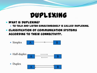 DUPLEXING
 What is Duplexing?
 to talk and listen simultaneously is called duplexing.
 Classification of communication systems
according to their connectivity.
 Simplex
 Half-duplex
 Duplex
A B
A B
A B
 