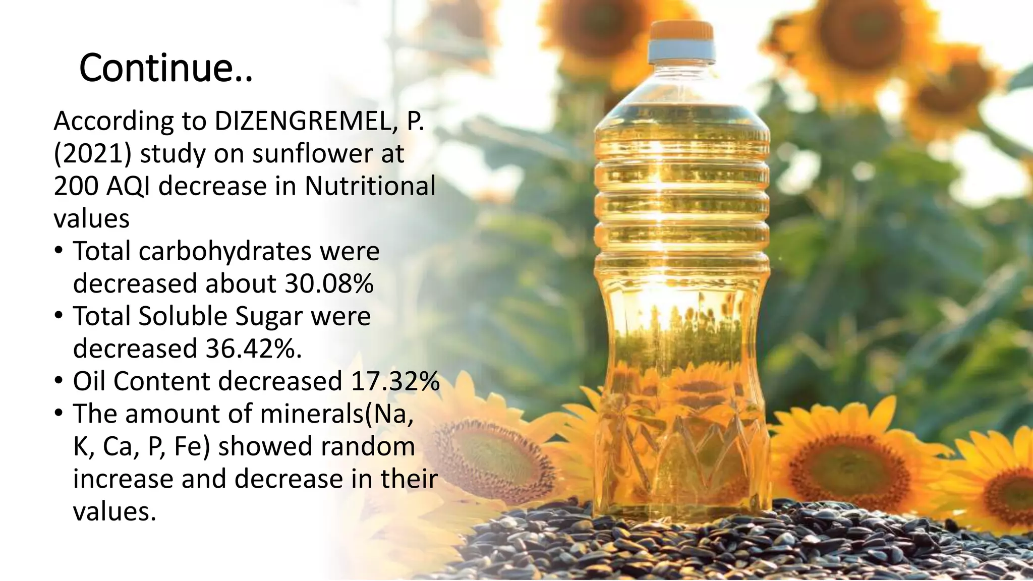 Continue..
According to DIZENGREMEL, P.
(2021) study on sunflower at
200 AQI decrease in Nutritional
values
• Total carbohydrates were
decreased about 30.08%
• Total Soluble Sugar were
decreased 36.42%.
• Oil Content decreased 17.32%
• The amount of minerals(Na,
K, Ca, P, Fe) showed random
increase and decrease in their
values.
 