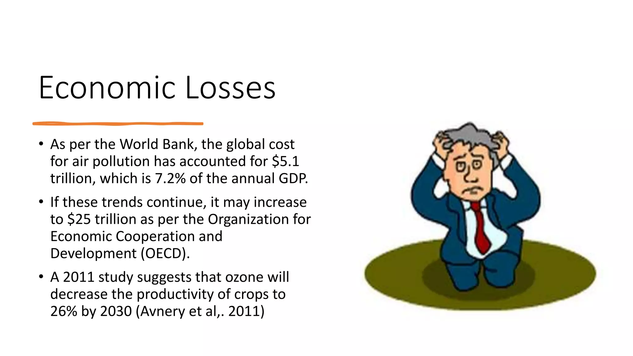 Economic Losses
• As per the World Bank, the global cost
for air pollution has accounted for $5.1
trillion, which is 7.2% of the annual GDP.
• If these trends continue, it may increase
to $25 trillion as per the Organization for
Economic Cooperation and
Development (OECD).
• A 2011 study suggests that ozone will
decrease the productivity of crops to
26% by 2030 (Avnery et al,. 2011)
 