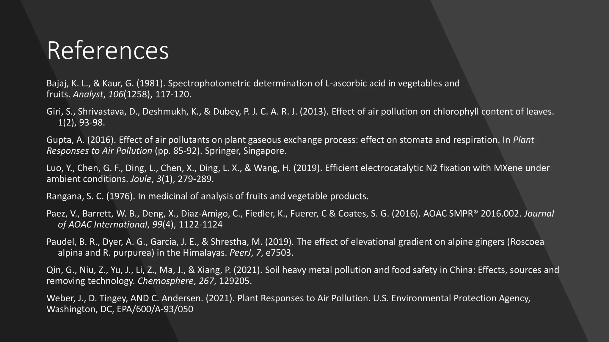 References
Bajaj, K. L., & Kaur, G. (1981). Spectrophotometric determination of L-ascorbic acid in vegetables and
fruits. Analyst, 106(1258), 117-120.
Giri, S., Shrivastava, D., Deshmukh, K., & Dubey, P. J. C. A. R. J. (2013). Effect of air pollution on chlorophyll content of leaves.
1(2), 93-98.
Gupta, A. (2016). Effect of air pollutants on plant gaseous exchange process: effect on stomata and respiration. In Plant
Responses to Air Pollution (pp. 85-92). Springer, Singapore.
Luo, Y., Chen, G. F., Ding, L., Chen, X., Ding, L. X., & Wang, H. (2019). Efficient electrocatalytic N2 fixation with MXene under
ambient conditions. Joule, 3(1), 279-289.
Rangana, S. C. (1976). In medicinal of analysis of fruits and vegetable products.
Paez, V., Barrett, W. B., Deng, X., Diaz-Amigo, C., Fiedler, K., Fuerer, C & Coates, S. G. (2016). AOAC SMPR® 2016.002. Journal
of AOAC International, 99(4), 1122-1124
Paudel, B. R., Dyer, A. G., Garcia, J. E., & Shrestha, M. (2019). The effect of elevational gradient on alpine gingers (Roscoea
alpina and R. purpurea) in the Himalayas. PeerJ, 7, e7503.
Qin, G., Niu, Z., Yu, J., Li, Z., Ma, J., & Xiang, P. (2021). Soil heavy metal pollution and food safety in China: Effects, sources and
removing technology. Chemosphere, 267, 129205.
Weber, J., D. Tingey, AND C. Andersen. (2021). Plant Responses to Air Pollution. U.S. Environmental Protection Agency,
Washington, DC, EPA/600/A-93/050
 