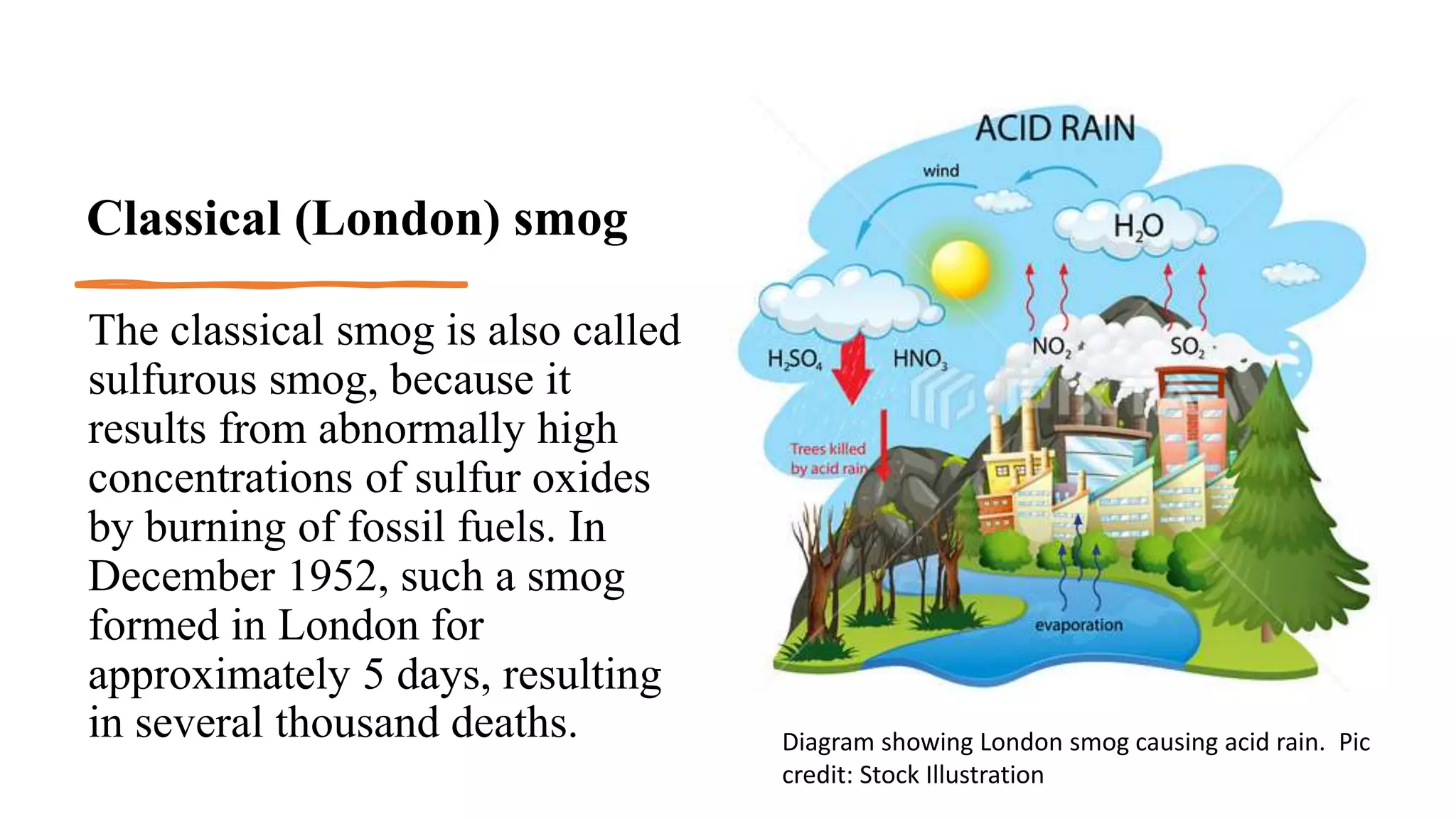 Classical (London) smog
The classical smog is also called
sulfurous smog, because it
results from abnormally high
concentrations of sulfur oxides
by burning of fossil fuels. In
December 1952, such a smog
formed in London for
approximately 5 days, resulting
in several thousand deaths. Diagram showing London smog causing acid rain. Pic
credit: Stock Illustration
 