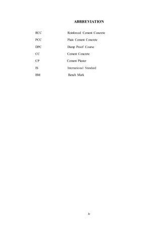 iv
ABBREVIATION
RCC Reinforced Cement Concrete
PCC Plain Cement Concrete
DPC Damp Proof Course
CC Cement Concrete
CP Cement Plaster
IS International Standard
BM Bench Mark
 