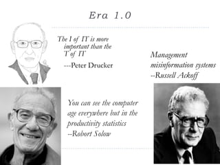 Era 1.0
The I of IT is more
important than the
T of IT
---Peter Drucker
Management
misinformation systems
--Russell Ackoff
You can see the computer
age everywhere but in the
productivity statistics
--Robort Solow
 