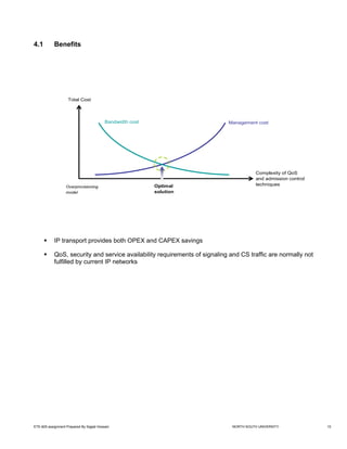 4.1         Benefits




                    Total Cost



                                          Bandwidth cost                    Management cost




                                                                                         Complexity of QoS
                                                                                         and admission control
                   Overprovisioning                        Optimal                       techniques
                   model                                   solution




            IP transport provides both OPEX and CAPEX savings

            QoS, security and service availability requirements of signaling and CS traffic are normally not
            fulfilled by current IP networks




ETE-605 assignment Prepared By Sajjad Hossain                                 NORTH SOUTH UNIVERSITY             10
 