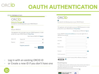 29
OAUTH AUTHENTICATION
- Log in with an existing ORCID iD
- or Create a new iD if you don’t have one
 