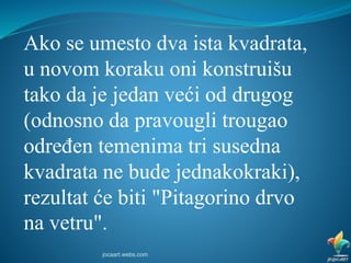 Ako se umesto dva ista kvadrata,
u novom koraku oni konstruišu
tako da je jedan veći od drugog
(odnosno da pravougli trougao
određen temenima tri susedna
kvadrata ne bude jednakokraki),
rezultat će biti "Pitagorino drvo
na vetru".
jocaart.webs.com
 