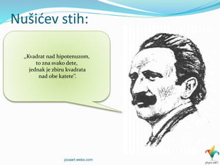 Nušićev stih:
,,Kvadrat nad hipotenuzom,
to zna svako dete,
jednak je zbiru kvadrata
nad obe katete’’.
jocaart.webs.com
 