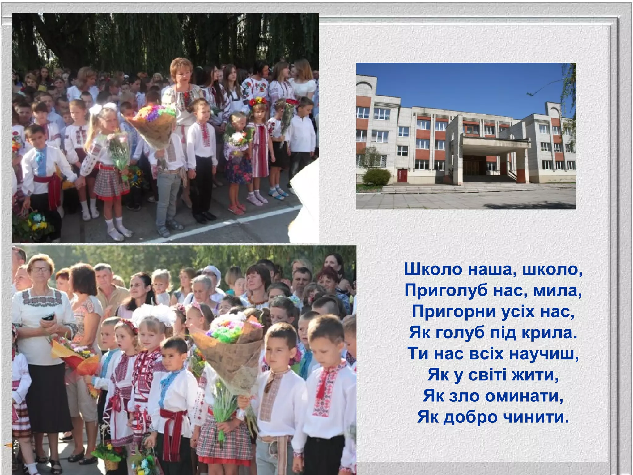 Школо наша, школо,
Приголуб нас, мила,
Пригорни усіх нас,
Як голуб під крила.
Ти нас всіх научиш,
Як у світі жити,
Як зло оминати,
Як добро чинити.
 