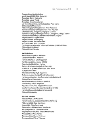 SAK · Toimintakertomus 2010 39
Osastosihteeri Anitta Leikos
Viestintäpäällikkö Riitta Juntunen
Tiedottaja Sanni Halla-aho
Tiedottaja Laura Ventä
Tiedottaja Jenni Karjalainen
Vt. viestintäpäällikkö, verkkotiedottaja Pauli Vento
Sihteeri Leila Marjoniemi
Päätoimittaja (Palkkatyöläinen) Aino Pietarinen
Toimitussihteeri (Palkkatyöläinen) Pirjo Pajunen
Chefredaktör (Löntagaren) Ingegerd Ekstrand
Toimitusavustaja (Palkkatyöläinen ja Löntagaren) Marjut Vainio
Toimistosihteeri Marja-Leena Hakkarainen-Kaitajärvi
Järjestöpäällikkö Eija Harjula
Järjestösihteeri Anita Spring
Järjestösihteeri Sauli Hievanen
Nuorisosihteeri Antti Lindtman
Oppisopimusharjoittelija Johanna Koskinen (määräaikainen)
Sihteeri Auli Keskinen
Sihteeri Riitta Kulmala
Kehittäminen
Kehittämisjohtaja Eija Hietanen
Osastosihteeri Erja Aaltonen
Henkilöstösihteeri Ulla Hopponen
Kehittämispäällikkö Marja Erkkilä
Asiantuntijalääkäri Kari Haring
Työympäristöasiantuntija Raili Perimäki
Tutkimus- ja työaika-asiantuntija Juha Antila
Tutkija Linnea Alho
Tilastoasiantuntija Tytti Jäppinen
Tietopalveluasiantuntija Christina Karlsson
Hankekoordinaattori Anu Suoranta (määräaikainen)
Sihteeri Tarja Kaukovaara
Kehittämispäällikkö Markku Liljeström
Erikoistutkija Tapio Bergholm
Koulutusasiantuntija Merja Lehmussaari
Maahanmuuttoasioiden asiantuntija Eve Kyntäjä
Henkilöstösuunnittelija Leena Isokääntä
Sihteeri Pirjo Vainio
Sisäiset palvelut
Talousjohtaja Arto Kuusiola
Palveluvastaava, osastosihteeri Irma Tornberg
Pääkirjanpitäjä Raija Mankinen
Kirjanpitäjä Ritva Sandmark
Tietohallintopäällikkö Vesa Savolainen
Atk-yhteyshenkilö Ulla Vettenranta
Järjestelmäasiantuntija Nikolai Mettovaara
Arkistosihteeri Nina Kanter
Toimistosihteeri Irmeli Kivivuori
Toimistosihteeri Tiina Viljamaa
 