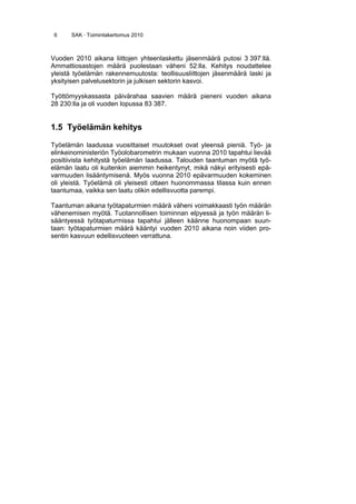 6 SAK · Toimintakertomus 2010
Vuoden 2010 aikana liittojen yhteenlaskettu jäsenmäärä putosi 3 397:llä.
Ammattiosastojen määrä puolestaan väheni 52:lla. Kehitys noudattelee
yleistä työelämän rakennemuutosta: teollisuusliittojen jäsenmäärä laski ja
yksityisen palvelusektorin ja julkisen sektorin kasvoi.
Työttömyyskassasta päivärahaa saavien määrä pieneni vuoden aikana
28 230:lla ja oli vuoden lopussa 83 387.
1.5 Työelämän kehitys
Työelämän laadussa vuosittaiset muutokset ovat yleensä pieniä. Työ- ja
elinkeinoministeriön Työolobarometrin mukaan vuonna 2010 tapahtui lievää
positiivista kehitystä työelämän laadussa. Talouden taantuman myötä työ-
elämän laatu oli kuitenkin aiemmin heikentynyt, mikä näkyi erityisesti epä-
varmuuden lisääntymisenä. Myös vuonna 2010 epävarmuuden kokeminen
oli yleistä. Työelämä oli yleisesti ottaen huonommassa tilassa kuin ennen
taantumaa, vaikka sen laatu olikin edellisvuotta parempi.
Taantuman aikana työtapaturmien määrä väheni voimakkaasti työn määrän
vähenemisen myötä. Tuotannollisen toiminnan elpyessä ja työn määrän li-
sääntyessä työtapaturmissa tapahtui jälleen käänne huonompaan suun-
taan: työtapaturmien määrä kääntyi vuoden 2010 aikana noin viiden pro-
sentin kasvuun edellisvuoteen verrattuna.
 