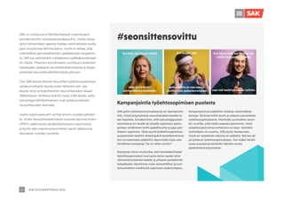 SAK VUOSIKERTOMUS 2021
13
SAK pohti valmistautumisvaiheessa eri skenaarioita
siitä, missä kysymyksissä neuvottelukierroksella tu-
lee haasteita. Ennakoimme, että työnantajapuolen
tavoitteena on tavalla tai toisella sopimisen paino-
pisteen siirtäminen kohti paikallisuutta ja jopa yksi-
lötason sopimista. Tästä syystä kollektiivisopimisen
suojaaminen koettiin tärkeimpänä tavoitteenamme.
Sen turvaamiseksi päätettiin käynnistää myös vies-
tinnällinen kampanja ”Se on sitten sovittu”.
Kampanja halusi muistuttaa, että toimialakohtaiset
työehtosopimukset ovat paras keino saada reilut
vähimmäistyöehdot kaikille ja yhteiset pelisäännöt
työpaikoille. Nostimme myös ammattiliiton ja luot-
tamusmiehen merkitystä sopimisen asiantuntijana.
Kampanjoinnissa käytettiin erilaisia viestinnällisiä
keinoja. Siinä kerrottiin kuvin ja videoin perustietoa
työehtosopimuksesta. Viestintää suunnattiin varsin-
kin nuorille, jotta heille aukeaisi paremmin, mistä
työehtosopimusneuvotteluissa on kyse. Varsinkin
testityökalu oli suosittu. Sillä pystyi testaamaan,
missä eri työelämän eduista on päätetty. Monen jäl-
jet johtavat työehtosopimukseen. Sen lisäksi tehtiin
uusia avauksia ja käsiteltiin tekstien avulla
ajankohtaisia kysymyksiä.
Kampanjointia työehtosopimisen puolesta
SAK on suhtautunut lähtökohtaisesti myönteisesti
koordinoituihin työmarkkinaratkaisuihin, mutta vieras-
tanut työnantajien ajamaa tiukkaa vientivetoista mallia,
joka muodostaa lähinnä katon, mutta ei lattiaa, eikä
mahdollista perusteettomien palkkaerojen korjaamis-
ta. SAK:ssa valmisteltiin solidaarisen palkkakoordinaati-
on mallia. Yhteinen koordinaatio osoittautui kuitenkin
haastavaksi vaikeasta neuvottelukierroksesta ja alojen
erilaisista neuvottelulähtökohdista johtuen.
Osa SAK:laisista liitoista neuvotteli työehtosopimuksia
valtakunnallisella tasolla kuten tähänkin asti, osa
aloista siirtyi yrityskohtaisten neuvotteluiden aikaan.
Valitettavasti uhittelua esiintyi myös niillä aloilla, joilla
työnantajat lähtökohtaisesti ovat valtakunnallisten
neuvotteluiden kannalla.
Useita sopimuksia ehti syntyä ennen vuodenvaihdet-
ta, mutta neuvottelukierroksen kuumat perunat kuten
UPM:n vaatimukset yksikkökohtaisesta sopimisesta
ja kunta-alan sopimusneuvottelut saivat ratkaisunsa
seuraavan vuoden puolella.
#seonsittensovittu
 