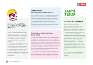 SAK VUOSIKERTOMUS 2021
48
Työelämän syrjintä keskusteluun
Pride-viikolla
Jo toista vuotta peräkkäin Helsinki Pride -ihmisoikeustapah-
tuma järjestettiin suurelta osin virtuaalisesti. SAK oli jälleen
Helsinki Priden virallinen kumppani ja osallistui tapahtuman
vaikuttavuuskampanjaan, joka näkyi muun muassa suurina sei-
näbanderolleina eri puolilla Helsingin keskustaa. Järjestimme
Pride-viikolla myös Eroon syrjinnästä työpaikalla -webinaarin
yhdessä Akavan ja STTK:n kanssa ja julkaisimme samalla
kyselytutkimuksen seksuaali- ja sukupuolivähemmistöjen
työelämässä kokemasta syrjinnästä.
SAK on ollut mukana Helsinki Pridessä jo vuodesta 2009
lähtien. Tapahtuma on monelle osallistujalle yksi vuoden
kohokohdista ja senkin vuoksi järjestelyihin osallistuminen
tuntuu joka kerta yhtä merkitykselliseltä ja nostattavalta.
SAK ja liitot taas Taimiteossa
SAK ja sen seitsemän jäsenliittoa
osallistuivat edellisvuoden tapaan myös
4H:n organisoimaan Taimitekoon, jonka
tarkoituksena on tarjota nuorille töitä ja hillitä
ilmastonmuutosta istuttamalla puuntaimia.
SAK pitää tärkeänä myös sitä, että nuoret
taimitekolaiset saavat hyödyllistä tietoa
työelämästä, muun muassa sen oikeuksista ja
velvollisuuksista tulevaa työuraansa ajatellen.
SAK:laisista liitoista mukana olivat Auto- ja
Kuljetusalan Työntekijäliitto AKT, Julkisten
ja hyvinvointialojen liitto JHL, Paperiliitto,
Rakennusliitto, Rautatiealan Unioni RAU,
Suomen Elintarviketyöläisten Liitto SEL sekä
Teollisuusliitto. Keskusjärjestö liittoineen oli
rahallisesti mukana Taimiteossa lähes 25 000
eurolla.
4H:n Taimiteko voitti Keskuskauppakamarin
järjestämän Vuoden vastuullisuusteko
-kilpailun.
Nostimme yhdessä SASK:in
kanssa Qatarin siirtotyöläis-
ten asemaa
Qatariin on tullut valtavasti siirtotyöläisiä
vuoden 2022 jalkapallon maailmanmesta-
ruuskisoja varten. Heidän kohteluaan on ar-
vosteltu epäinhimilliseksi ja työolosuhteita
vaarallisiksi. Ay-liikkeen maailmanjärjestön
ITUC:in arvion mukaan avauspotkuun
mennessä kisatyömailla kuolee 7 000
työntekijää.
SASK:in hanke työntekijöiden aseman
parantamiseksi lähtömaista käsin on saanut
hyviä tuloksia. Siirtotyöläisyyden ongelmia
on nostettu lähtijöiden lisäksi maiden po-
liittisten päättäjien ja järjestöjen tietoisuu-
teen. SAK on SASK:in kumppanina osallis-
tunut työhön sekä nostanut Suomessa Pelin
hinta-kampanjalla tietoisuutta siirtotyöläis-
ten tilanteesta.
#ykkösketjuun
nosti yritysvastuuta keskusteluun
SAK oli mukana Finnwatchin #ykkösketjuun-kampanjassa.
Sen tarkoituksena oli patistaa viemään hallitusohjelmassa
oleva yritysvastuulaki eduskuntaan tämän hallituskauden
aikana. Yritysvastuulaki velvoittaisi yritykset huomioimaan
ihmisoikeudet ja ympäristön koko tuotantoketjussa,
ja niillä olisi oltava myös uskottavat keinot puuttua
huomattuihin ongelmiin. Yritysvastuulaki vahvistaisi myös
ihmisoikeusloukkausten uhrien suojaa.
 