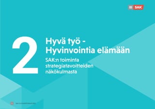 2
SAK VUOSIKERTOMUS 2021
9
Hyvä työ -
Hyvinvointia elämään
SAK:n toiminta
strategiatavoitteiden
näkökulmasta
 