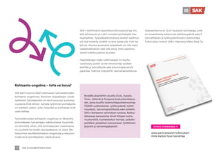 SAK VUOSIKERTOMUS 2022
27
Kohtaanto-ongelma – totta vai tarua?
SAK teetti vuonna 2022 tutkimuksen työmarkkinoiden
kohtaanto-ongelmista. Avoimien työpaikkojen suhde
työttömiin työnhakijoihin on ollut nousussa Suomessa
vuodesta 2016 lähtien. Samalla työttömiä työnhakijoita
on edelleen paljon, joten työpaikat ja työnhakijat eivät
usein kohtaa.
Työmarkkinoiden kohtaanto-ongelmaa on lähestytty
enimmäkseen työnantajien näkökulmasta. Huomiota
on kiinnitetty siihen, että työnhakijoiden osaamisessa
on puutteita tai heidän asuinpaikkansa on väärä. Me
halusimme selvittää kohtaanto-ongelmaa ja rekrytoin-
tivaikeuksia työntekijöiden näkökulmasta.
Keväällä järjestettiin alueilla (Oulu, Kuopio,
Turku, Helsinki ja Tampere) keskustelutilaisuu-
det, joissa kuultiin asiantuntijapuheenvuoroja
TE2024-uudistuksesta, työllisyydestä, työttö-
myydestä, työvoimapolitiikasta sekä esiteltiin
SAK:n Kohtaanto-selvityksen tuloksia. Keskus-
telemassa kanssamme olivat liittojen luotta-
mushenkilöt, kuntakokeilun toimijat, paikallis-
poliitikot, paikalliset viranomaiset, työttömien
järjestöt ja työnantajajärjestöt.
SAK:n teettämästä haastattelututkimuksesta käy ilmi,
että työnhausta on tullut monelle työnhakijalle liian
haasteellista. Työpaikkailmoituksissa esitetyt vaatimuk-
set ovat korkeita, eivätkä ne aina vastaa sitä, mitä itse
työ on. Ilmoitus avoimesta työpaikasta voi olla myös
vaikeatulkintainen eikä siitä selviä, mitä osaamista
työssä todellisuudessa tarvitaan.
Haastattelujen lisäksi tutkimukseen on koottu
suosituksia, joiden avulla rekrytointeja voidaan
kehittää ja työnvälitystä sekä työvoimapalveluita
parantaa. Tutkimus toteutettiin teemahaastatteluina.
TUTUSTU TUTKIMUKSEEN
www.sak.fi/aineistot/tutkimukset/
mista-loytyisi-hyva-tyonantaja
Haastateltavina oli 13 eri taustaista työnhakijaa, joilla
on omakohtaista kokemusta työttömyydestä sekä 5
työnvälityksen ja työllisyydenhoidon asiantuntijaa.
Tutkimuksen toteutti SAK:n tilaamana Mikko Kesä Oy.
 